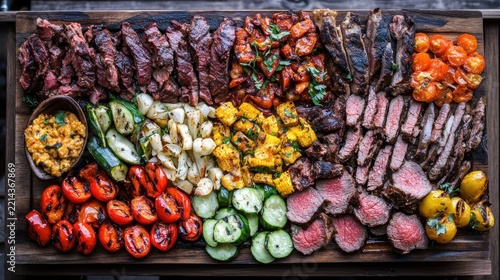 Grilled steak and vegetable platter with a colorful array of grilled vegetables.