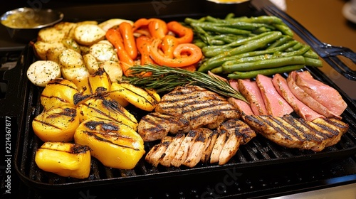 Grilled vegetables and meat on a grill.