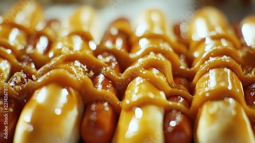 Close-up of hot dogs coated in a caramel sauce.