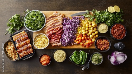Colorful platter of assorted foods ready for a meal.