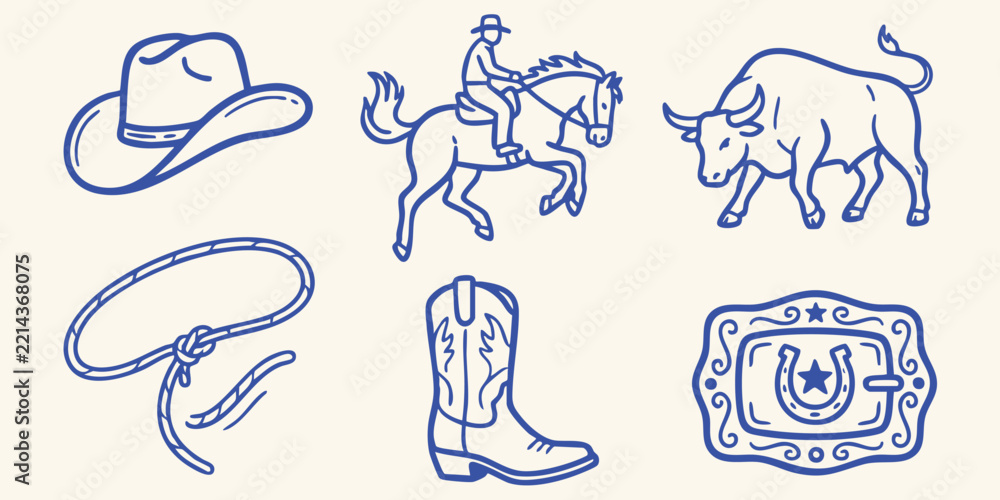 Fototapeta premium Set of western cowboy icons including a hat, a rider on a horse, a bull, a lasso rope, a leather boot, and a decorative belt buckle with a horseshoe and star