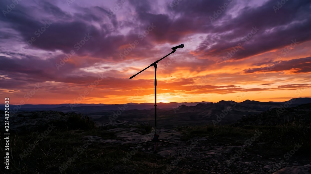 Obraz premium Silhouetted boom microphone stand centered against a vibrant sunset sky with hues of purple orange and yellow over a vast darkened landscape.