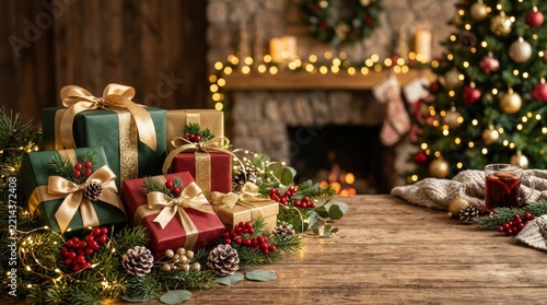 Christmas gifts wrapped in red and green paper with gold bows on wooden table