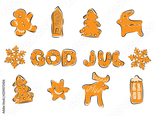 Christmas gingerbread cookie set with God jul Swedish greeting