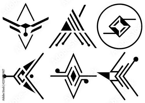 Minimalist futuristic sci fi glyphs set abstract geometric linear icons cyber tech runes and alien tribal symbols.