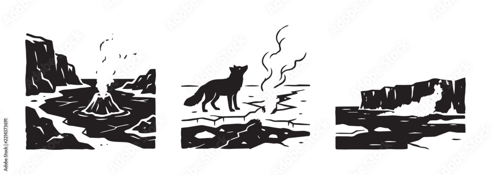 Fototapeta premium Volcano eruption and fox on cracked ice set, environmental disaster and wildlife
