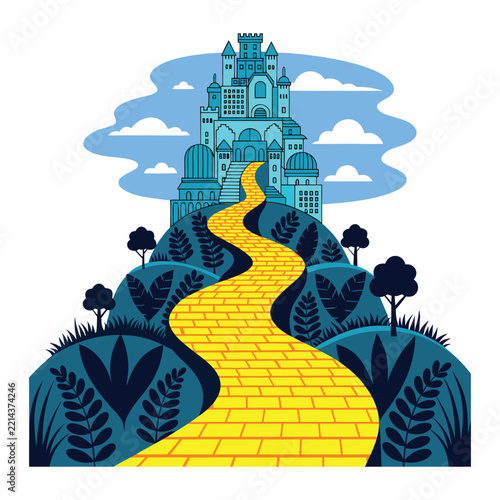 A vibrant yellow brick road stretches into the distance, creating a charming pathway filled with adventure, fantasy, and wonder through a colorful scenic landscape.
