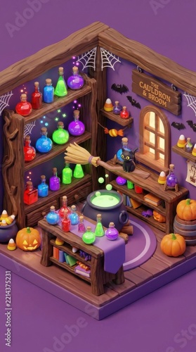Isometric halloween witch shop interior with potions broom and cat
