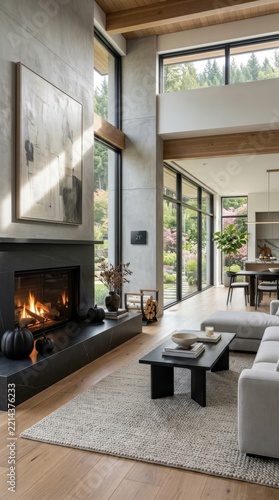 Modern luxury living room with fireplace and large windows