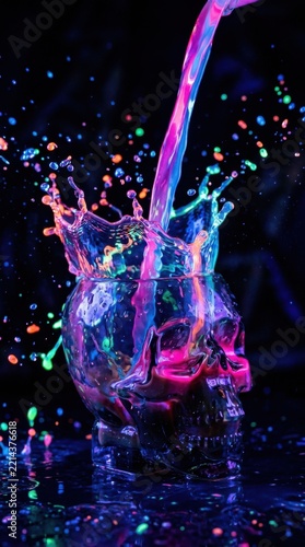 Neon multicolored liquid pouring into a skullshaped glass