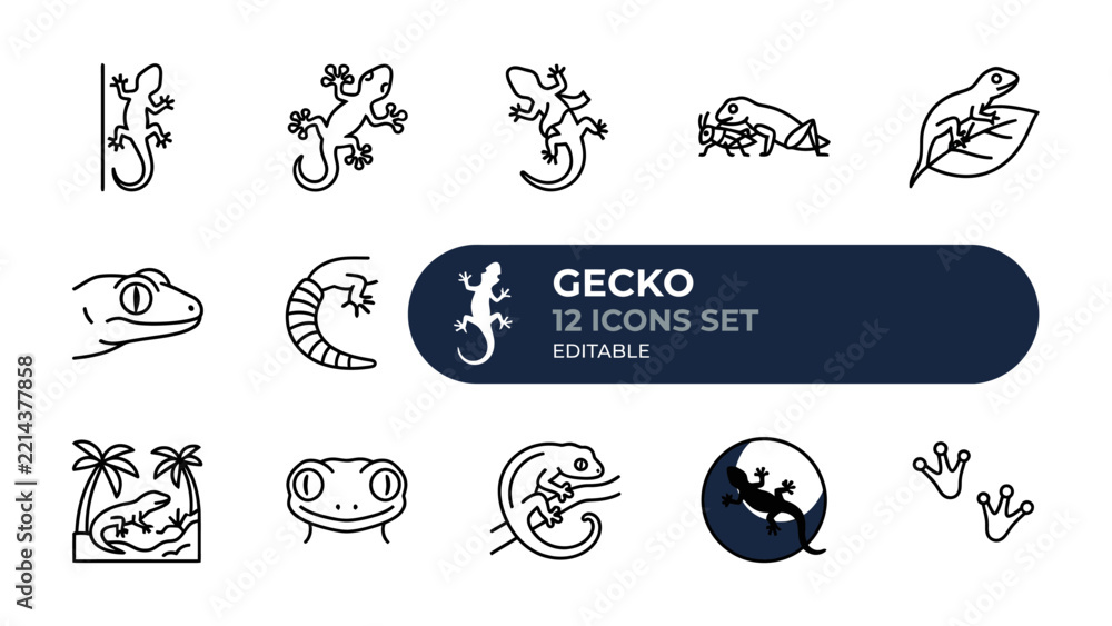 Fototapeta premium Gecko Icons Set: A collection of 12 unique line art icons depicting various gecko poses and features, perfect for digital design and illustration projects.