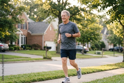 Smiling Senior Man Jogging Along Suburban Street in Morning