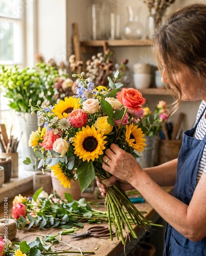 Florist Handcrafting Sunflowers and Roses Bouquet in Shop