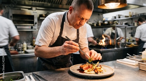 Professional Chef Plating Gourmet Dish with Tweezers