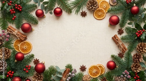 Christmas frame background with fir branches dried orange slices red baubles pine cones and copy space