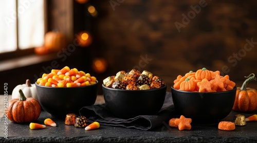 Halloween candy bowls filled with candy corn, chocolates, and orange pumpkin gummies on a dark table