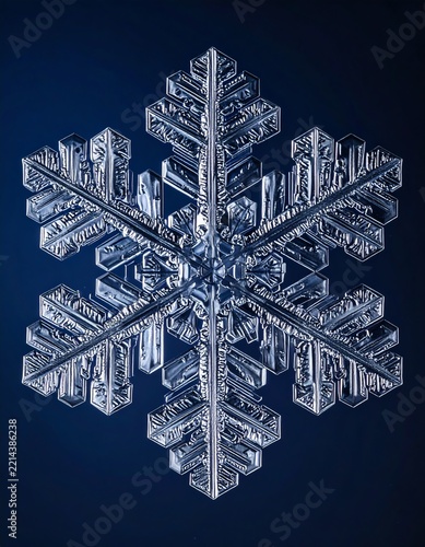 Intricate Macro Snowflake Crystal on Dark Blue Background