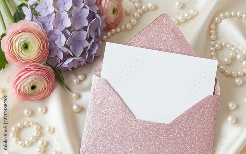 Glittery Pink Envelope With Blank Card, Hydrangeas And Pearls On Silk For Wedding Stationery