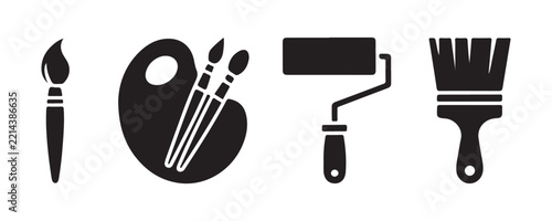 black silhouette of various painting and drawing tools for art education and creative hobbies.