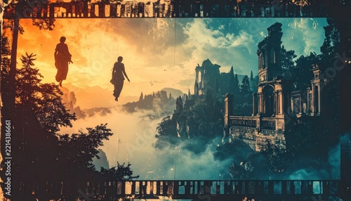 Ethereal figures floating over ancient misty ruins.