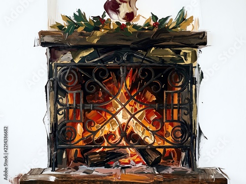 Warm Fireplace Glow Behind Ornate Iron Grate with Holiday Garland