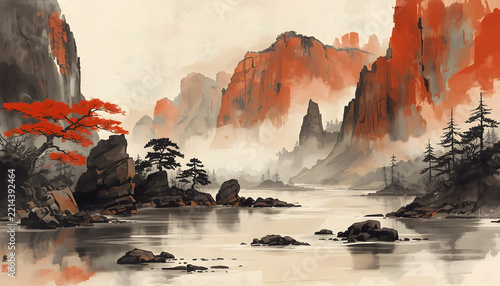 Traditional Chinese ink painting featuring majestic red mountains winding rivers ancient bonsai trees misty valleys dramatic lighting and peaceful oriental scenery atmosphere