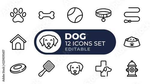 Dog Icons Set: A collection of 12 minimalist icons representing various dog-related items, including a paw print, bone, ball, collar, leash, house, bowl, frisbee, brush, cross with dog, and hydrant.