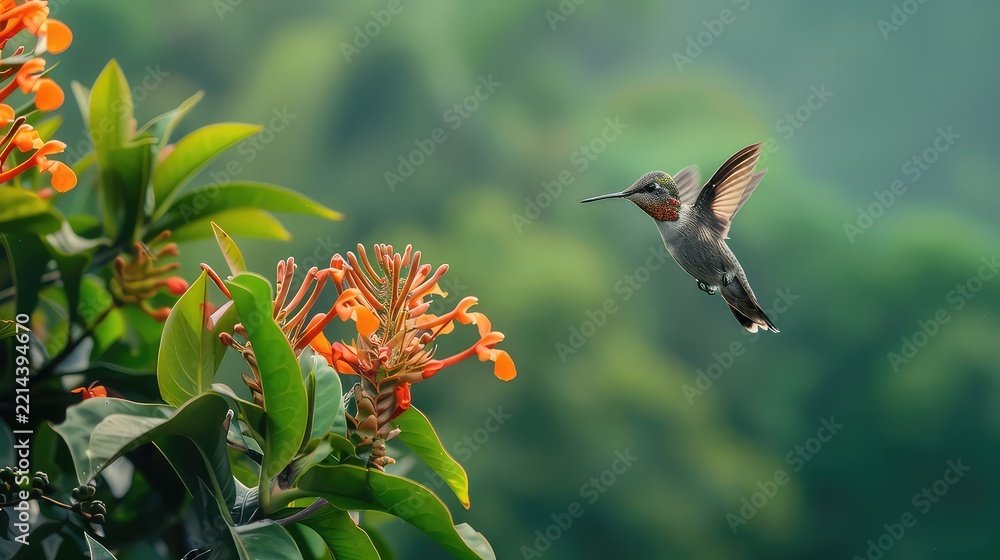 Fototapeta premium Costa Rica wildlife. Talamanca hummingbird, Eugenes spectabilis, flying next to beautiful orange flower with green forest in the background, Savegre mountains, Costa Rica. Bird fly in nature