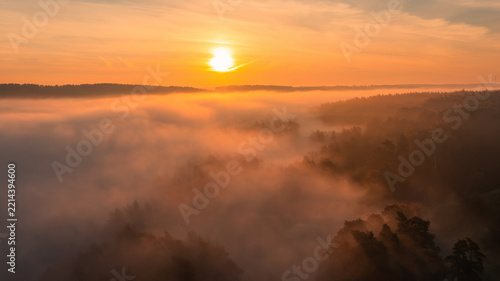 Autumn Morning Fog Over Countryside Fields at Sunrise Golden Misty Landscape