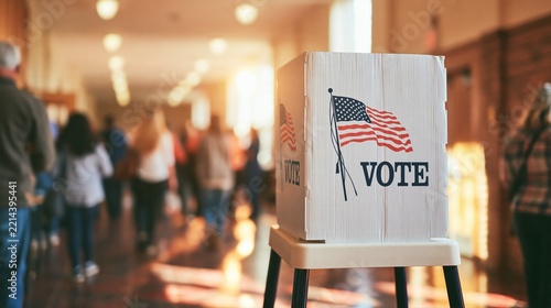 A sunlit American polling place with a prominent voting station and flag graphic in sharp focus. Everyday voters and election workers move through a candid, welcoming hall.