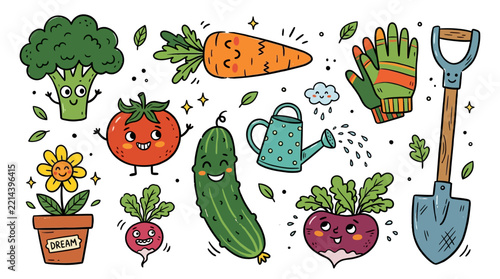 Happy Garden Characters and Tools Doodle Set