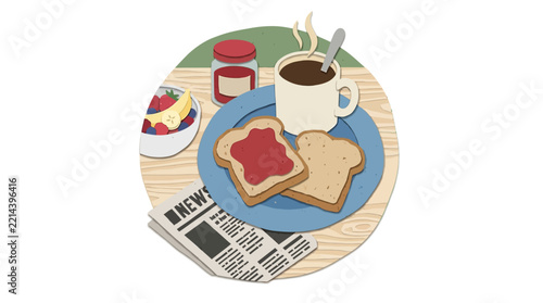 A cozy healthy breakfast meal with coffee and news.