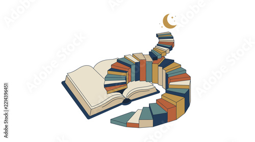 Books forming a spiral path to a moonlit sky, symbolizing a journey of knowledge and imagination.