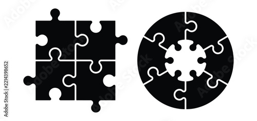 A black square made of four puzzle pieces next to a black circular puzzle with a hole in the center on a plain white background