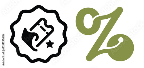 A black starburst badge with a ticket and a green percent symbol isolated on a white background, for sales
