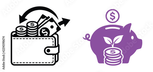 Financial featuring a wallet with money and a piggy bank with a plant, representing savings and investment on a white background