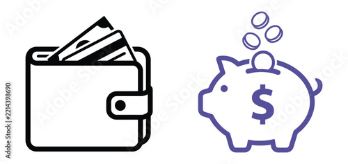 Financial showing a wallet with credit cards and a piggy bank with falling coins, representing banking and savings on white background