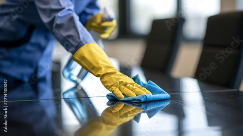 Worker wipes table with blue cloth, yellow gloves. Surface gleams, reflecting surroundings. Clean, precise motion shows attention to detail. Image ideal for cleaning, maintenance, or office themes