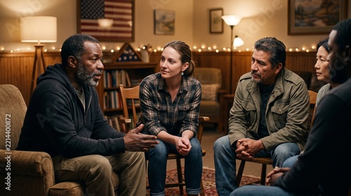 multicultural veterans conversing in post traumatic stress support session
