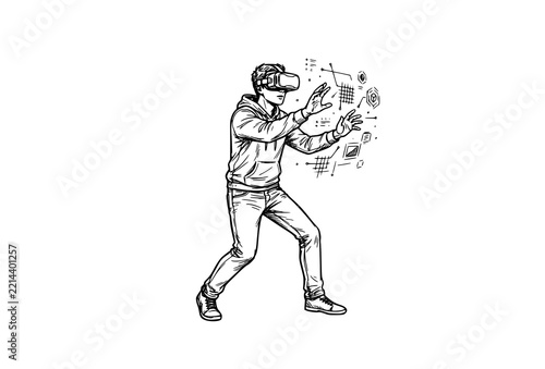 Man wearing VR headset interacting with holographic data interface, black and white line art illustration on white background