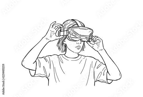 Woman wearing virtual reality headset, line art illustration of person using VR technology on white background