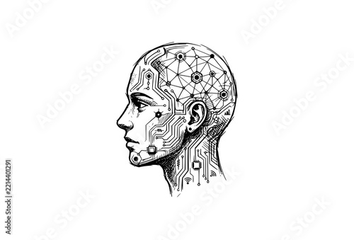 Artificial Intelligence Human Head Profile with Circuitry Network Illustration Isolated on White Background for Technology Concepts