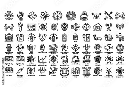 Technology and Innovation Icon Set Featuring Futuristic Industry Symbols in Minimalist Black Line Art Style