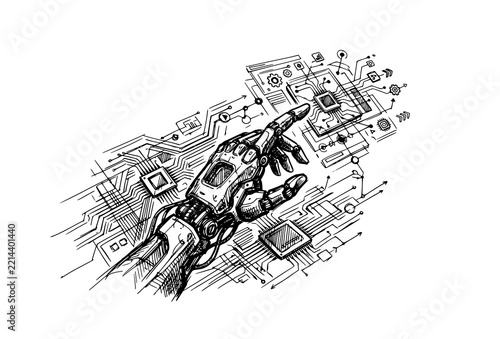 Robotic hand interacting with circuit board interface, futuristic technology illustration, black and white line art on white background