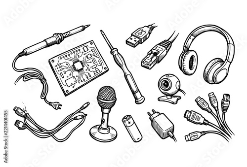 Electronics repair tools and computer hardware components, hand-drawn vector illustration set isolated on white background