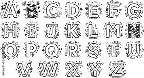 Doodle Style A To Z Alphabet Letters Vector Silhouette
