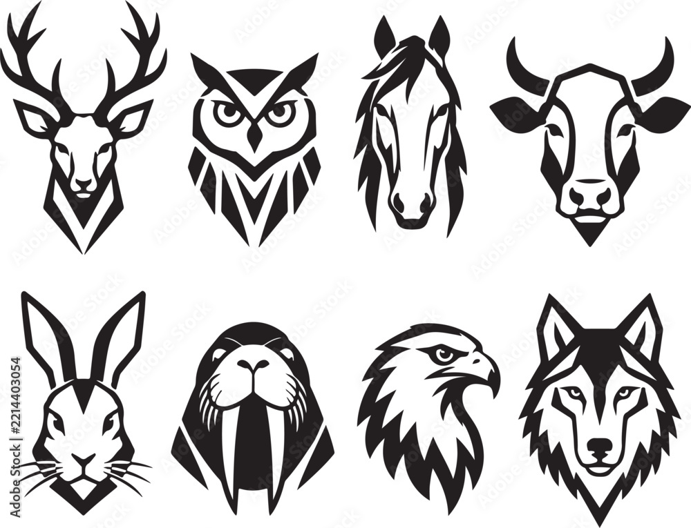 Fototapeta premium Set of black and white animal head icons in a minimalist vector style