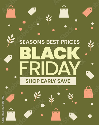 Black Friday Sale Poster Vector Design With Shopping Bags and Price Tags on Green Background