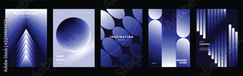 Modern Navy Gradient Vector Cover Collection Featuring Glowing Sphere, Layered Triangle, Circular Geometry, Vertical Light Bars, Abstract Depth, and Elegant Card Layouts
