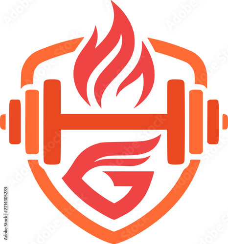 Fitness and Gym Shield Logo with Barbell and Fire Flame Icon